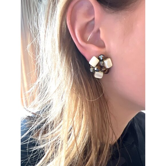 Vintage Clip-on Earrings AB MOP Haskell Era Filagree Back Smoky Quartz Look - Picture 16 of 16